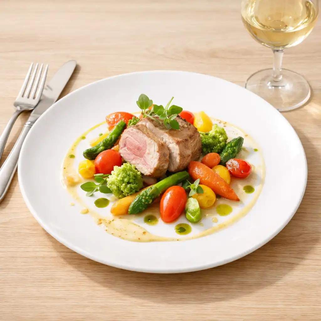 Pięknie podane danie gourmet na białym talerzu z kieliszkiem białego wina