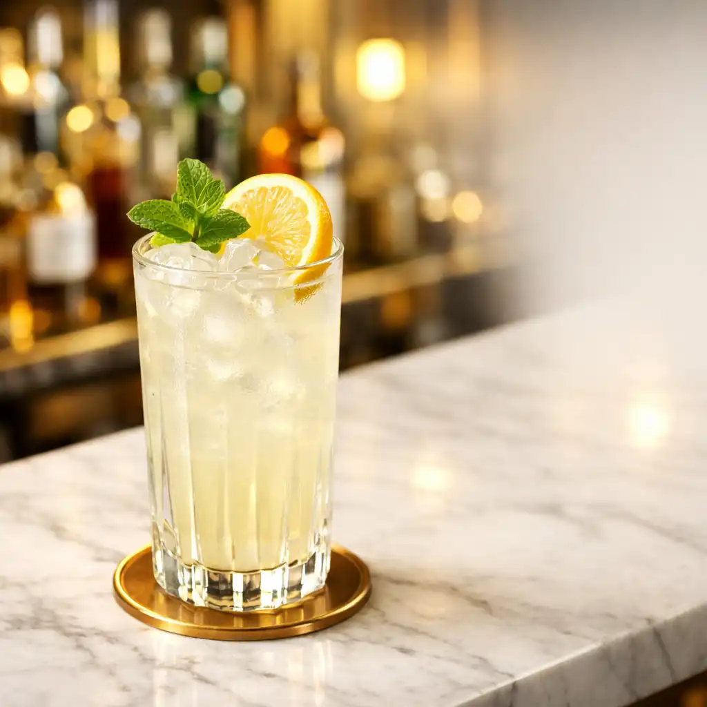 Autorski mocktail w eleganckiej szklance z plasterkiem cytrusa i miętą