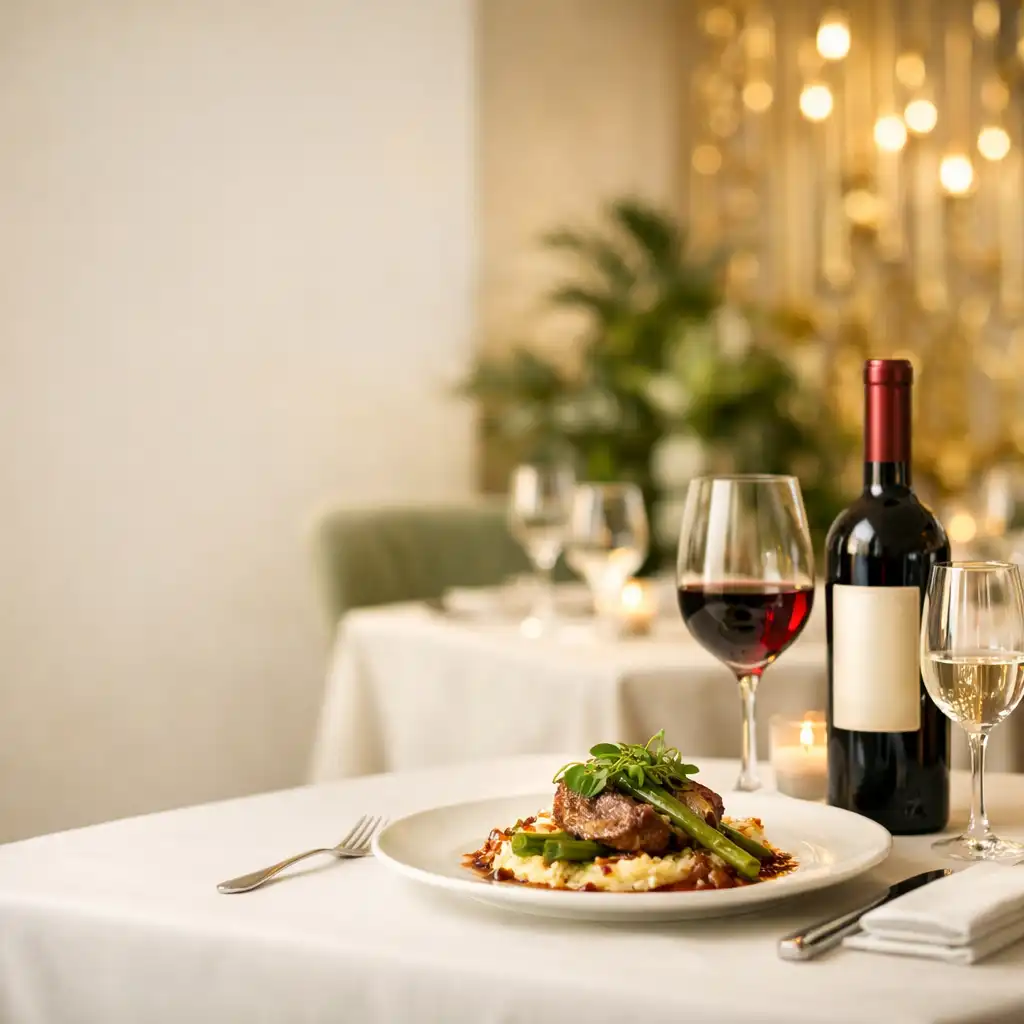 Jasna sala restauracyjna z nakrytym stołem, kieliszkami wina i wykwintnym daniem